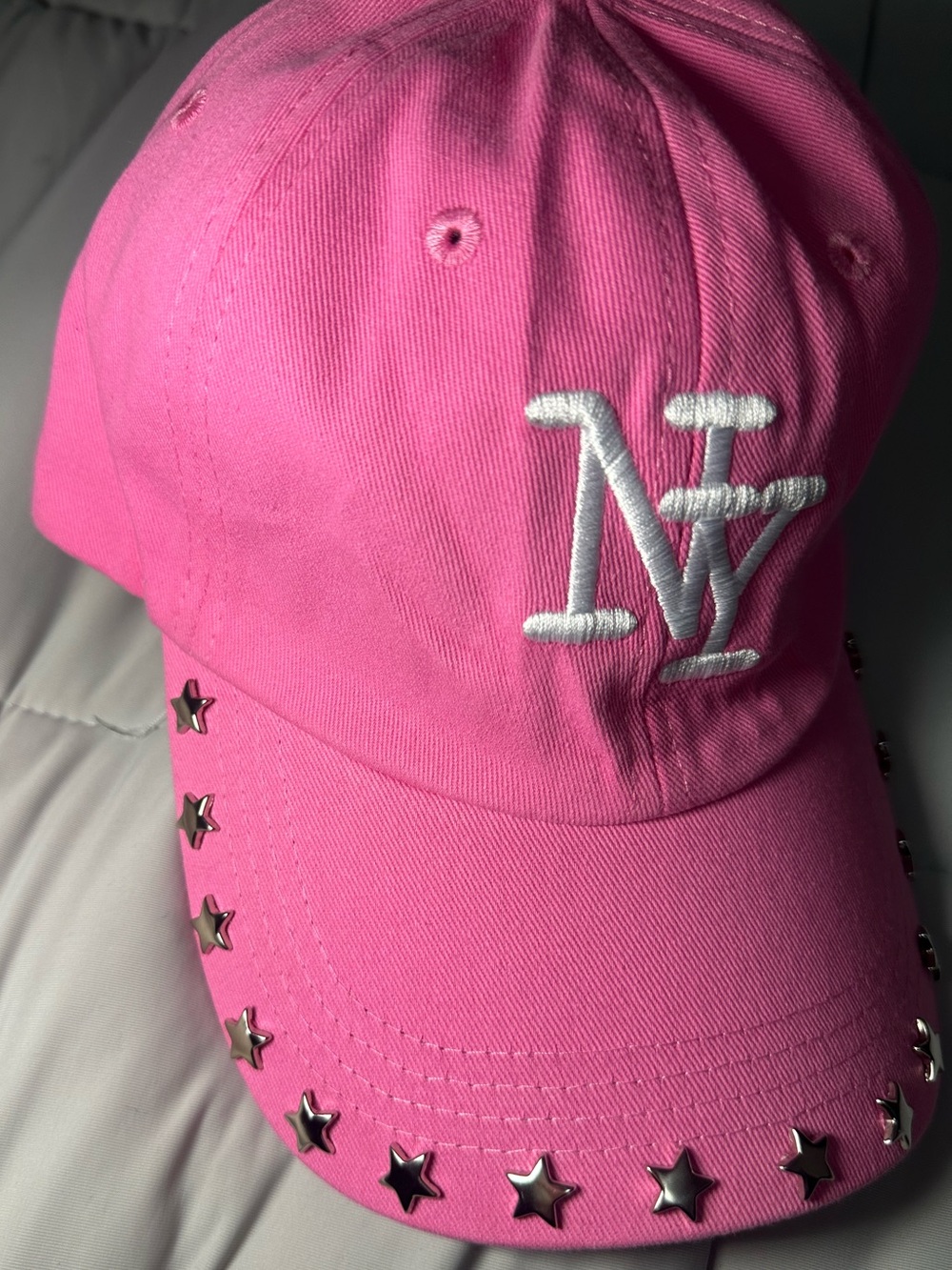 Pink NY Embroidered Star-Studded Baseball Cap - Picture 2 of 5